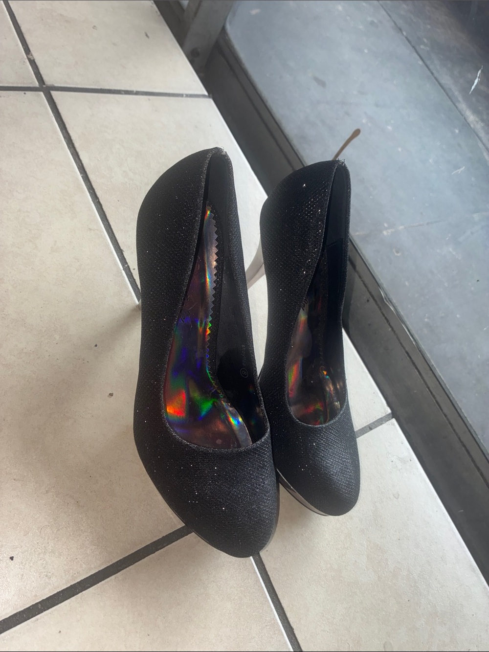 Black Glitter Platform Pumps with Gold Stiletto Heel - Picture 3 of 5